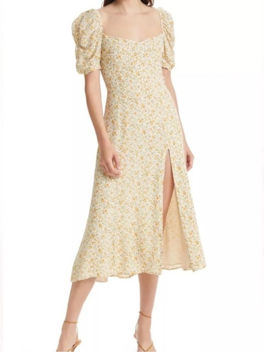 Reformation Cream and Yellow Floral Puff-Sleeve Midi Dress